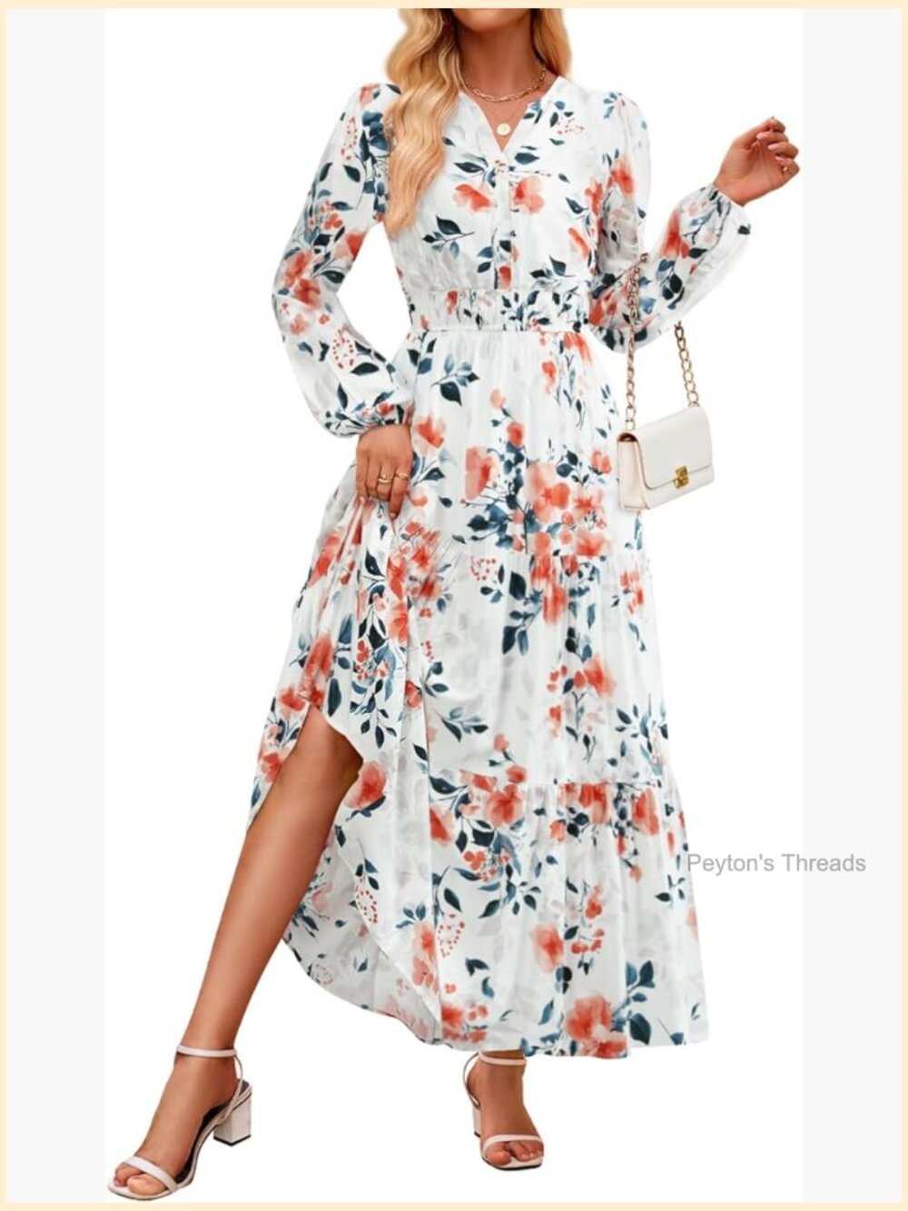 Boho Floral V Neck Maxi Dress Long Sleeve Empire Waist A Line Flowy Wedding